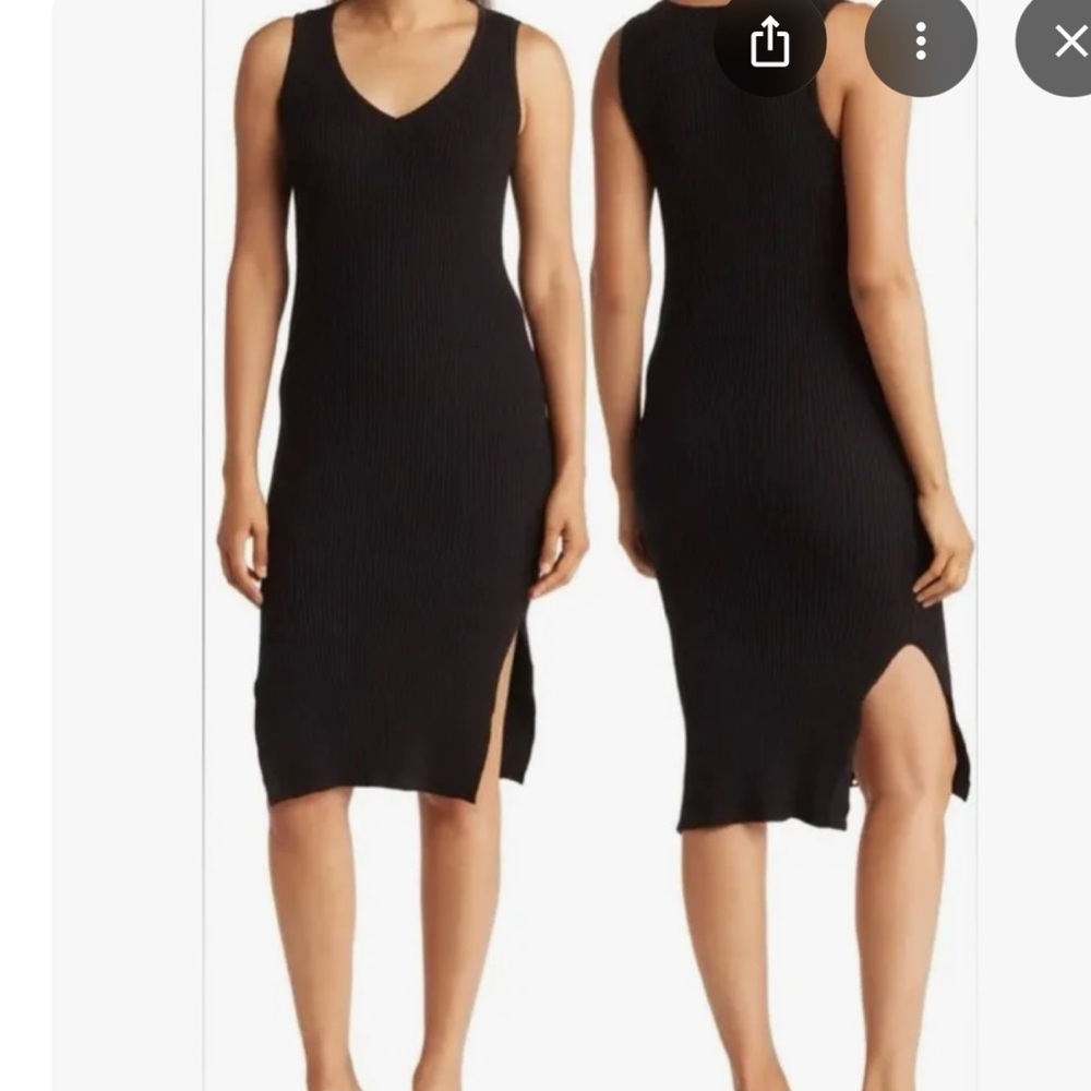 Magaschoni Black Ribbed Knit Midi Dress Sleeveless V-Neck Side Slit Size S